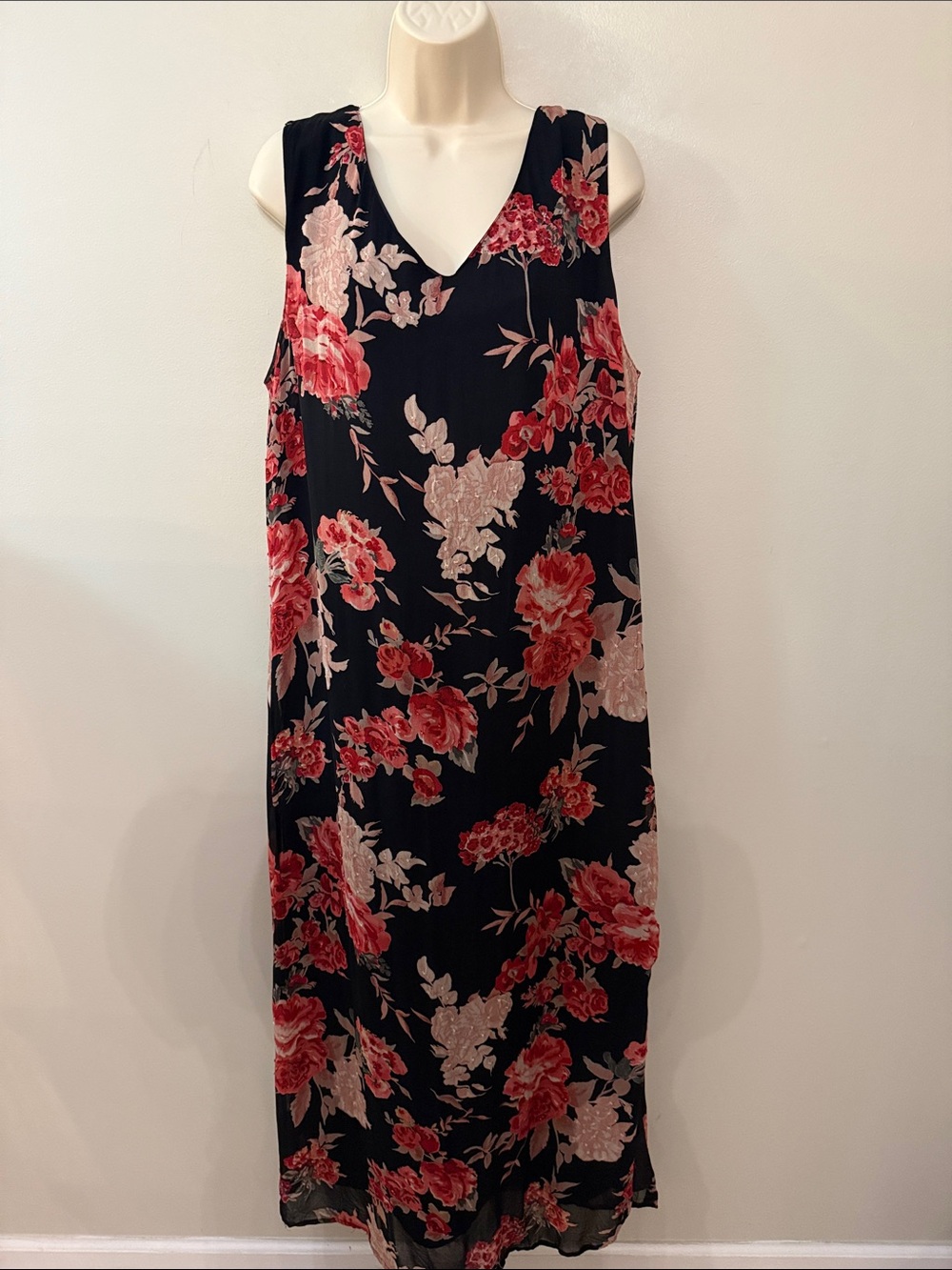Style & Co. Chic Black Maxi Dress with Pink and Red Floral Rose Print Size 16